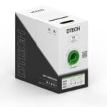 Angled view of DTECH 305m green Cat6 UTP LSZH cable dispenser box