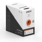 Angled view of DTECH 305m orange Cat6 UTP LSZH cable dispenser box