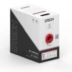 Angled view of DTECH 305m red Cat6 UTP LSZH cable dispenser box