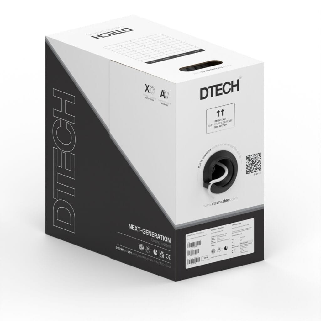Angled view of DTECH 305m white Cat6 UTP LSZH cable dispenser box