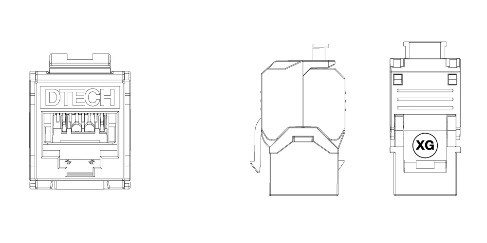 DTECH XG Cat6/6a Toolless UTP Keystone Jack technical drawing showing front, rear and side housing views