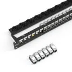 DTECH black keystone patch panel with shielded RJ45 modules installed and six modules laid out in front