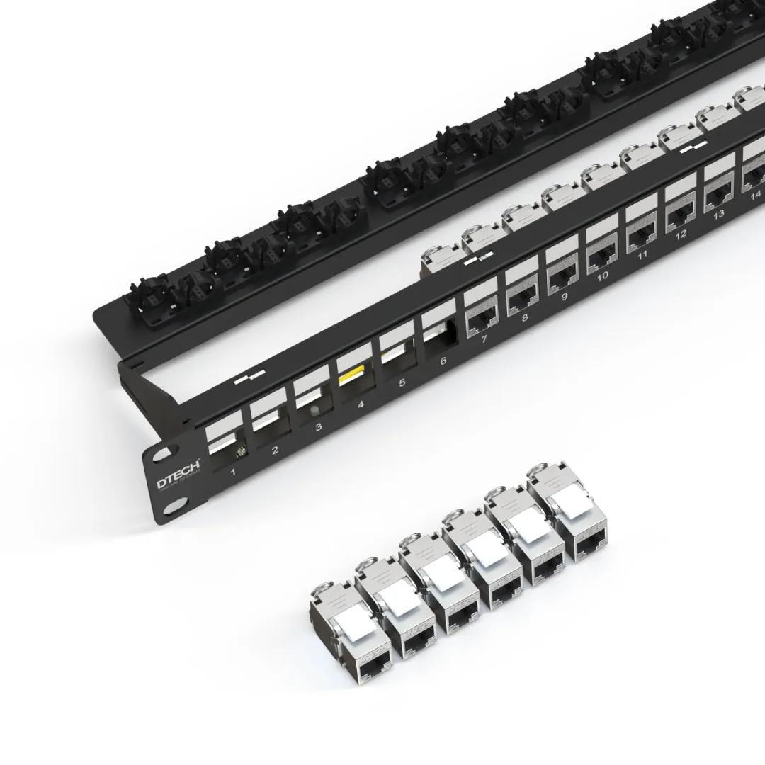 DTECH black keystone patch panel with shielded RJ45 modules installed and six modules laid out in front