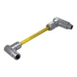 DTECH 8-pin M12 X-coded angled female to angled male industrial Ethernet cable with yellow PUR jacket, isometric view