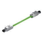 Isometric view of a DTECH Cat 5e industrial patch lead with green PVC cable and full-metal RJ45 connectors.