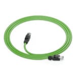 Coil view of a DTECH Cat 5e industrial patch lead with green cable and RJ45 connectors with black boots.