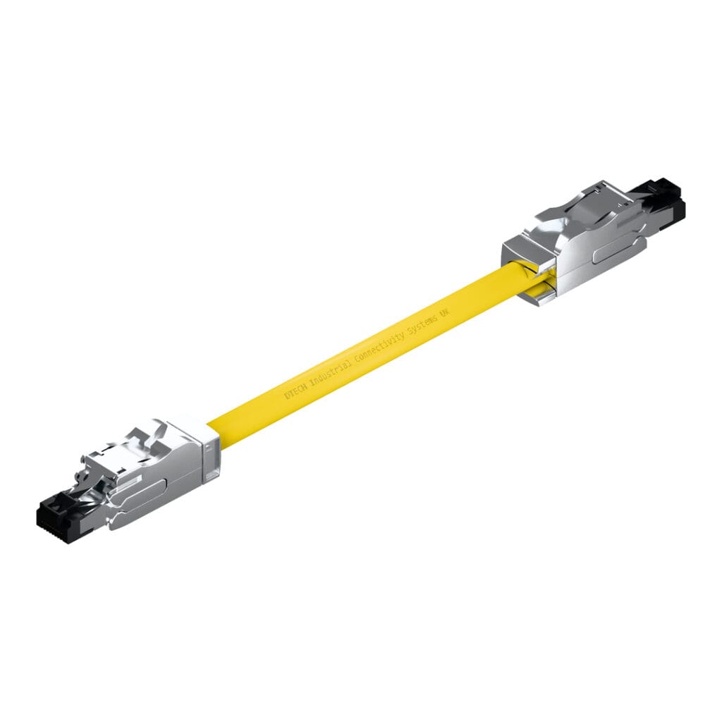 Isometric view of a DTECH Cat 6 industrial patch lead with yellow PUR cable and full-metal RJ45 connectors.