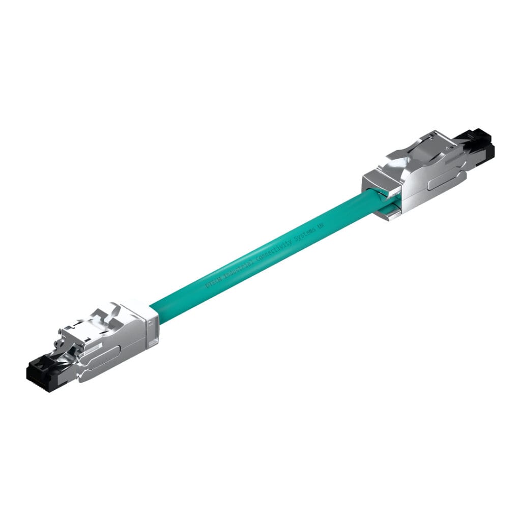 Isometric view of a DTECH Cat 6a industrial patch lead with teal PUR cable and full-metal RJ45 connectors.