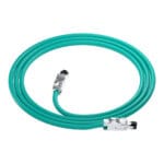 Coil view of a DTECH Cat 6a industrial patch lead with teal PUR cable and full-metal RJ45 connectors.