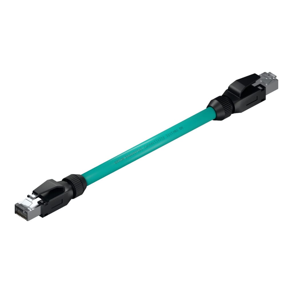 Isometric view of a DTECH Cat 6a industrial patch lead with teal PUR cable and RJ45 connectors with black boots.