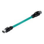 Isometric view of a DTECH Cat 6a industrial patch lead with teal PUR cable and RJ45 connectors with black boots.