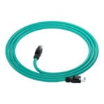 Coil view of a DTECH Cat 6a industrial patch lead with teal PUR cable and RJ45 connectors with black boots.