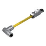 DTECH 8-pin M12 X-coded angled female to industrial RJ45 industrial Ethernet cable with yellow PUR jacket, isometric view