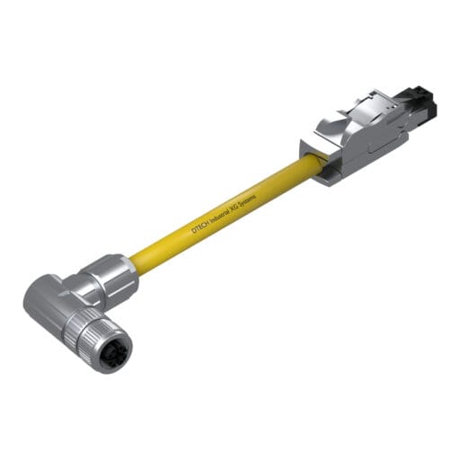 DTECH 8-pin M12 X-coded angled female to industrial RJ45 industrial Ethernet cable with yellow PUR jacket, isometric view