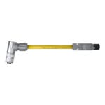 Top view of the DTECH 8-pin M12 X-coded angled female to industrial RJ45 industrial Ethernet cable with yellow PUR jacket