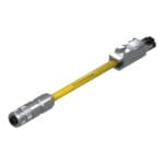 DTECH 8-pin M12 X-coded straight female to industrial RJ45 industrial Ethernet cable with yellow PUR jacket, isometric view