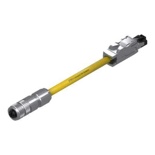 DTECH 8-pin M12 X-coded straight female to industrial RJ45 industrial Ethernet cable with yellow PUR jacket, isometric view