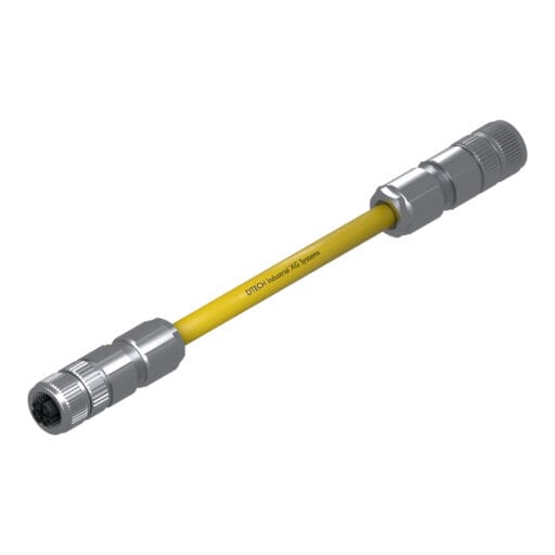 DTECH 8-pin M12 X-coded straight female to straight female industrial Ethernet cable with yellow PUR jacket, isometric view