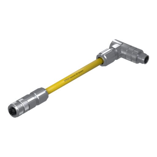DTECH 8-pin M12 X-coded straight female to angled male industrial Ethernet cable with yellow PUR jacket, isometric view