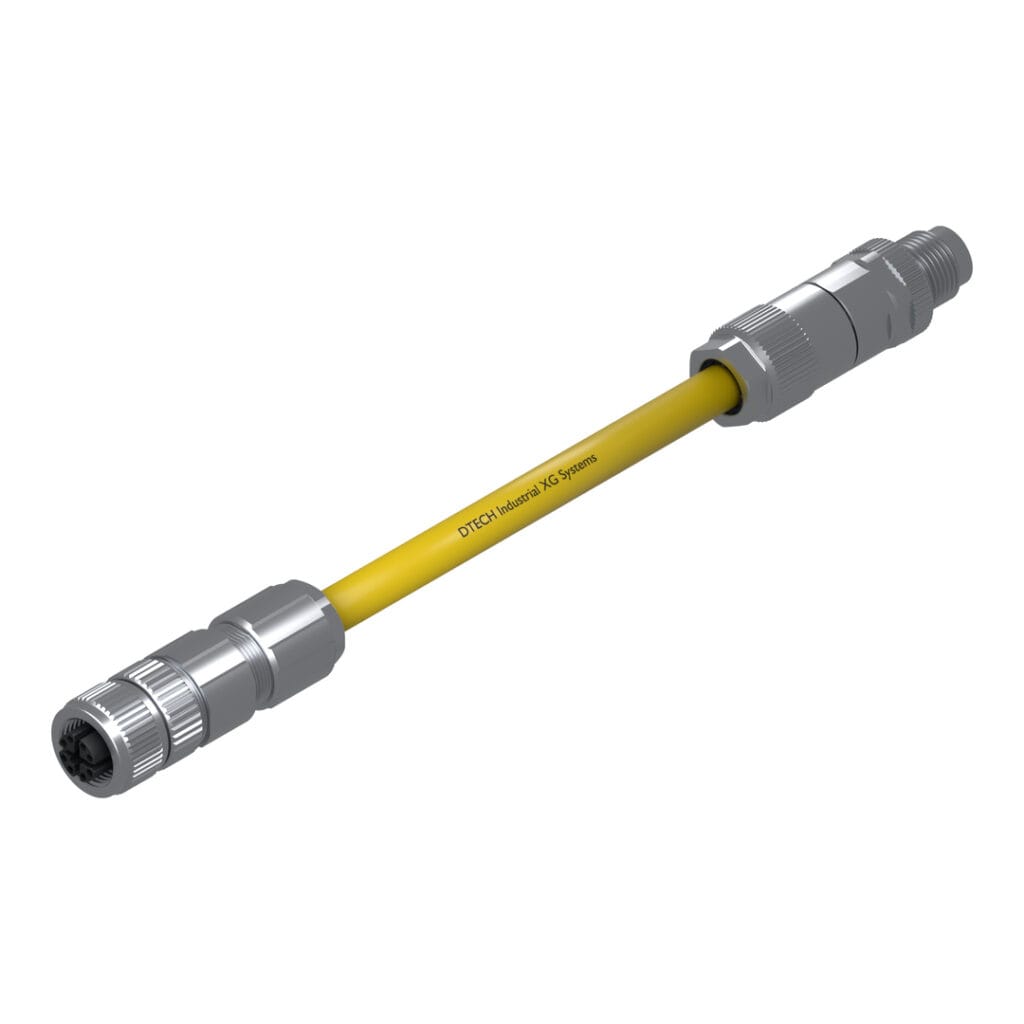 DTECH 8-pin M12 X-coded straight female to straight male industrial Ethernet cable with yellow PUR jacket, isometric view