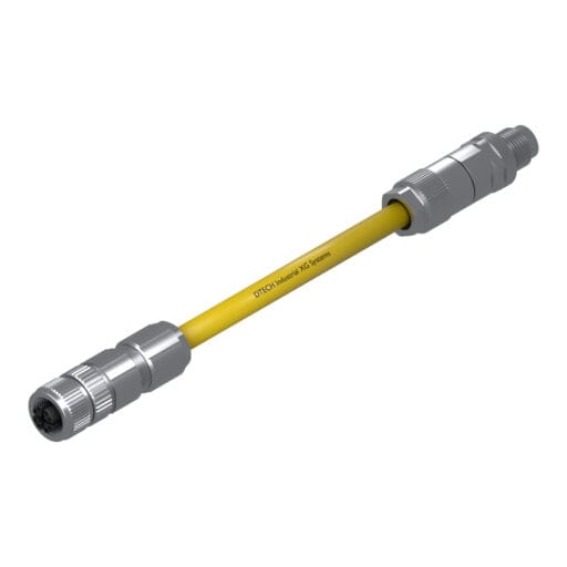 DTECH 8-pin M12 X-coded straight female to straight male industrial Ethernet cable with yellow PUR jacket, isometric view