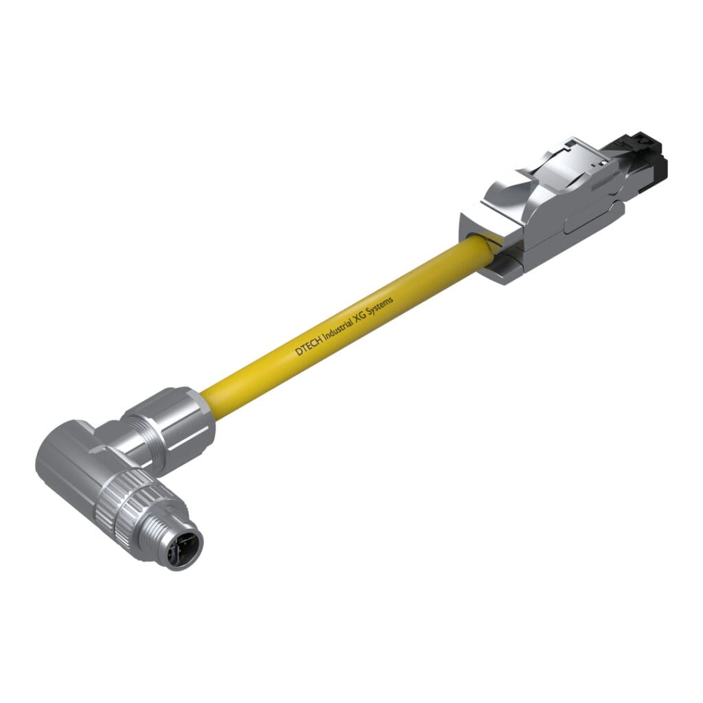 DTECH 8-pin M12 X-coded angled male to industrial RJ45 industrial Ethernet cable with yellow PUR jacket, isometric view