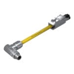 DTECH 8-pin M12 X-coded angled male to industrial RJ45 industrial Ethernet cable with yellow PUR jacket, isometric view