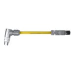 Top view of the DTECH 8-pin M12 X-coded angled male to industrial RJ45 industrial Ethernet cable with yellow PUR jacket