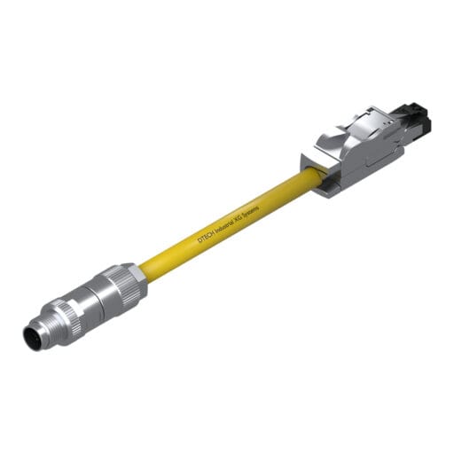 DTECH 8-pin M12 X-coded straight male to industrial RJ45 industrial Ethernet cable with yellow PUR jacket, isometric view