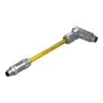 DTECH 8-pin M12 X-coded straight male to angled male industrial Ethernet cable with yellow PUR jacket, isometric view