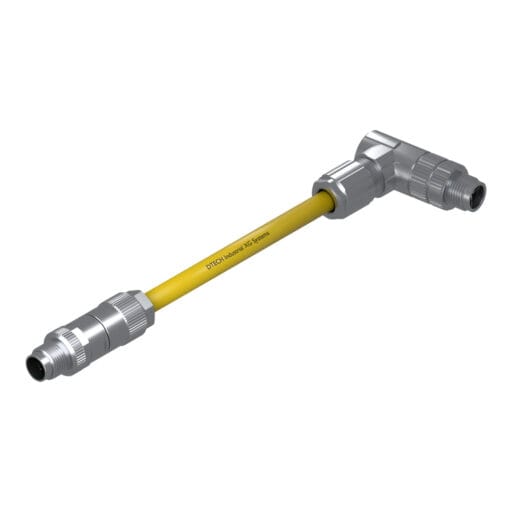 DTECH 8-pin M12 X-coded straight male to angled male industrial Ethernet cable with yellow PUR jacket, isometric view