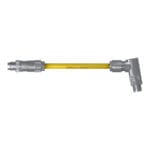 Top view of the DTECH 8-pin M12 X-coded straight male to angled male industrial Ethernet cable with yellow PUR jacket