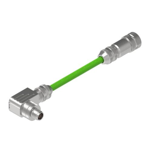 DTECH green Profinet cable with straight female and right-angle male M12 connectors, shown diagonally