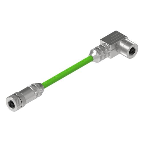 DTECH green Profinet cable with straight and right-angle female M12 connectors, shown diagonally