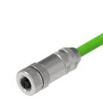 DTECH straight female M12 connector with a metal housing and green Profinet cable