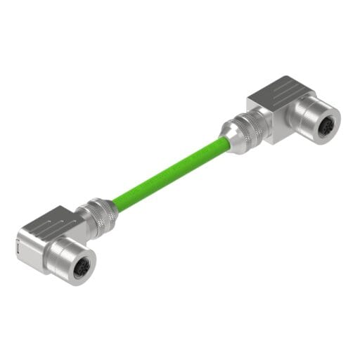 DTECH green Profinet cable with two right-angle female M12 connectors, shown diagonally