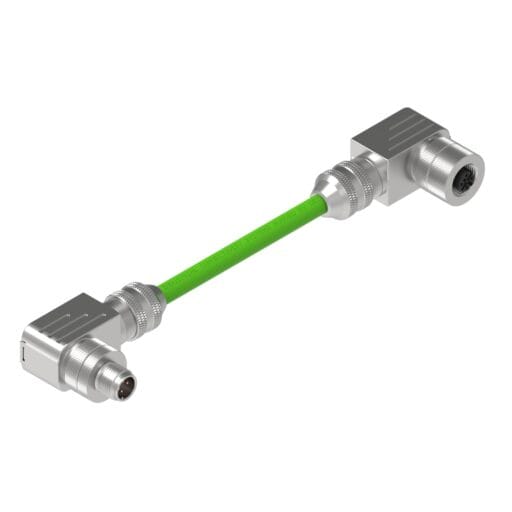 DTECH green Profinet cable with right-angle male and female M12 connectors, showing the pin and socket faces