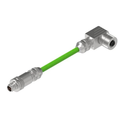 DTECH green Profinet cable with straight male and right-angle female M12 connectors, shown diagonally