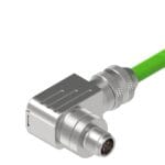 DTECH angled male M12 connector with visible pins, threaded metal housing and green Profinet cable