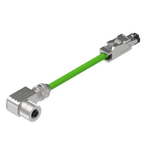 DTECH green Profinet cable with angled female M12 and shielded XG RJ45 connectors, shown diagonally