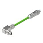 DTECH green Profinet cable with straight and right-angle male M12 connectors, shown diagonally
