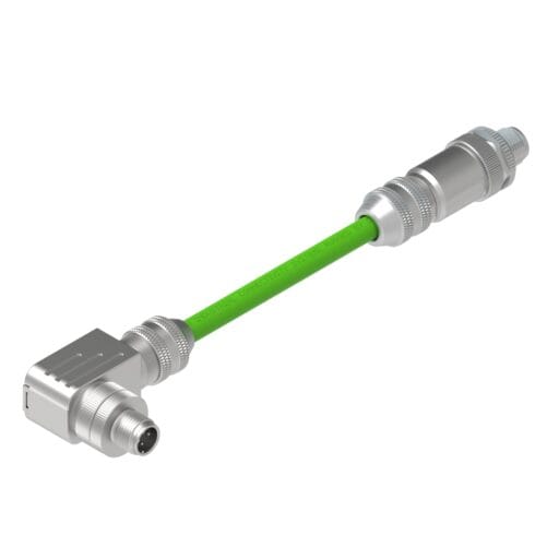 DTECH green Profinet cable with straight and right-angle male M12 connectors, shown diagonally