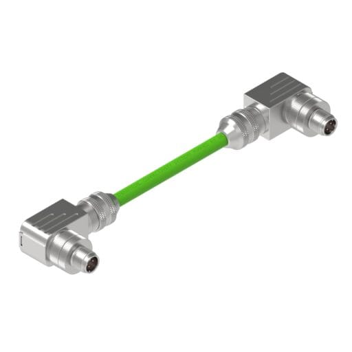 DTECH green Profinet cable with two angled male M12 connectors, showing both pin faces