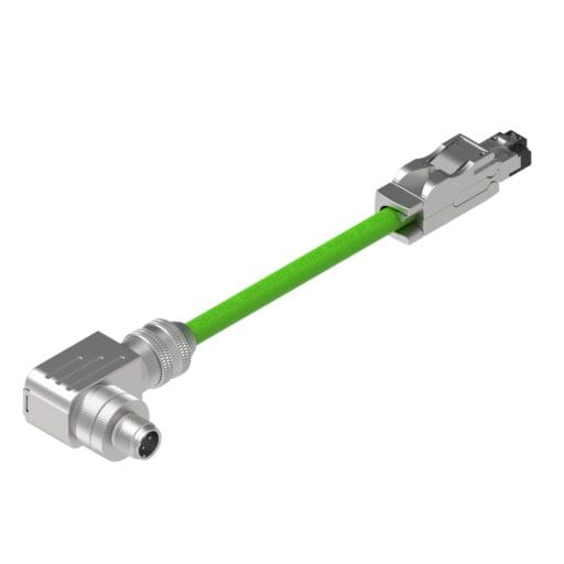 DTECH green Profinet cable with an angled male M12 connector and shielded XG RJ45 plug, shown diagonally