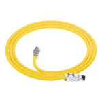 Coiled yellow DTECH Cat 6 PUR industrial patch lead with keystone jack and full-metal RJ45 connectors.