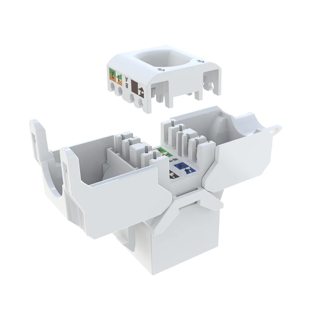 DTECH white toolless UTP keystone jack showing open housing, colour-coded IDC terminals and separate wire guide