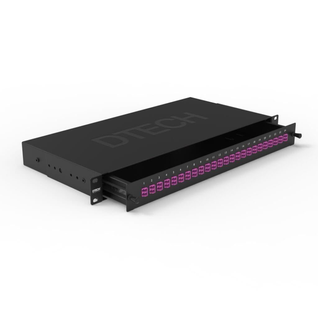 DTECH black fibre patch panel with 24 violet OM4 LC Duplex adaptors and a partially extended sliding tray