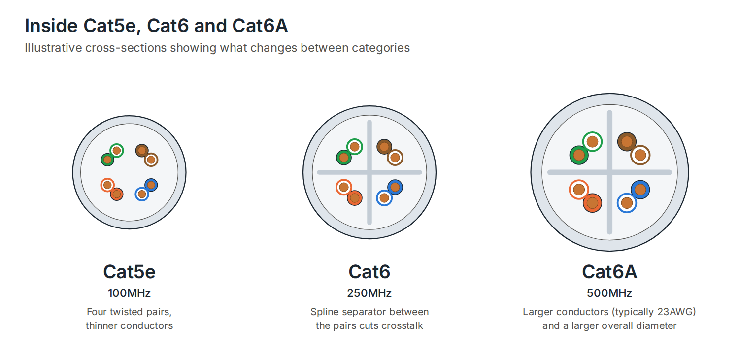 Cross-sections of Cat5e, Cat6 and Cat6A cable: Cat6 adds a spline separator, Cat6A has larger conductors and a larger overall diameter