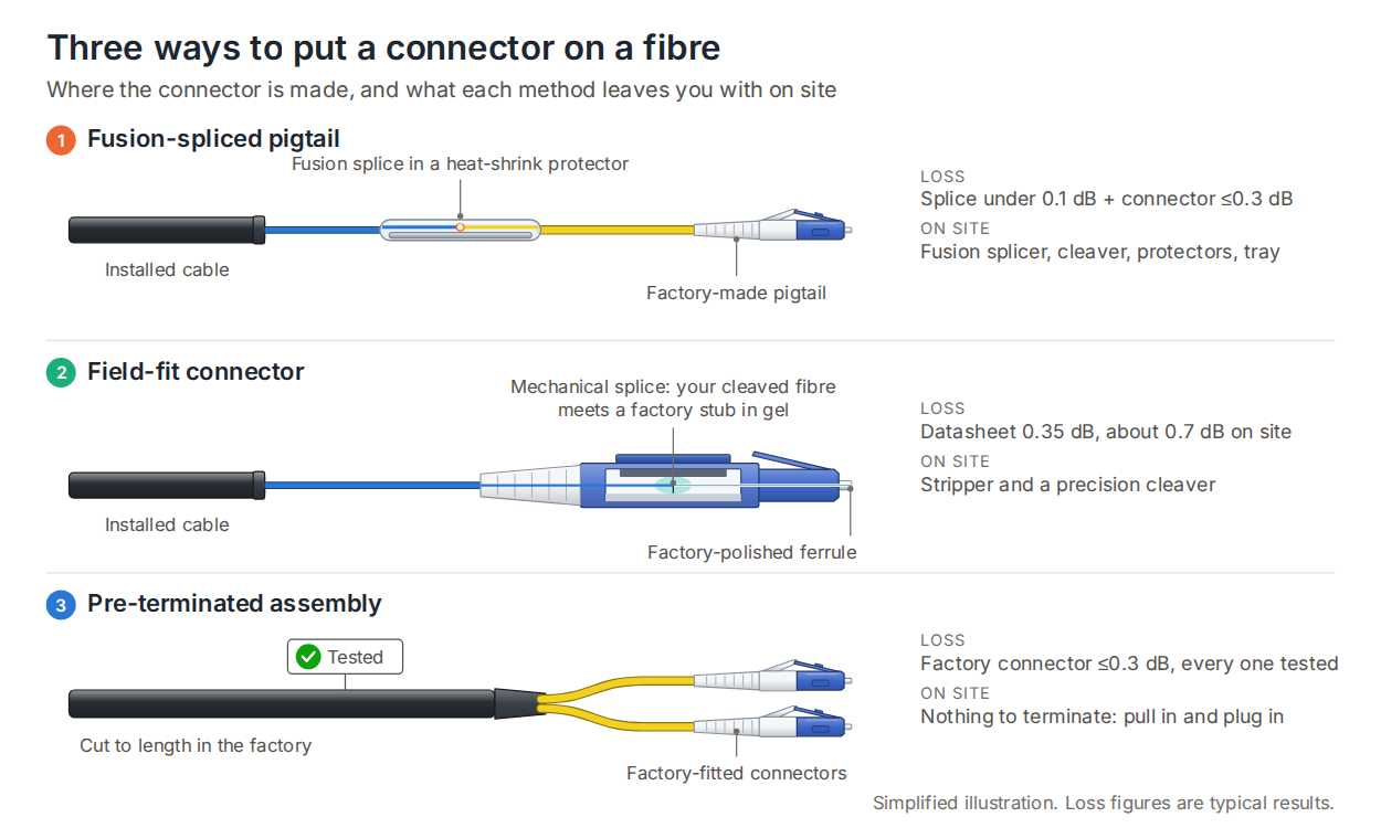 Three fibre termination methods side by side: a fusion-spliced pigtail with a heat-shrink splice protector, a field-fit connector with a mechanical splice inside, and a pre-terminated assembly with factory-fitted LC connectors