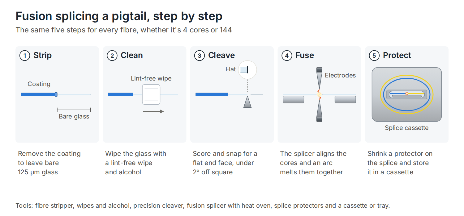 Fusion splicing a pigtail in five steps: strip the coating, clean the bare glass, cleave a flat end face, fuse the fibres with an electric arc, and protect the splice in a heat-shrink protector stored in a splice cassette